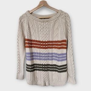 L.L. Bean Signature Cotton Cable Knit Striped Fisherman Sweater M Side Zip